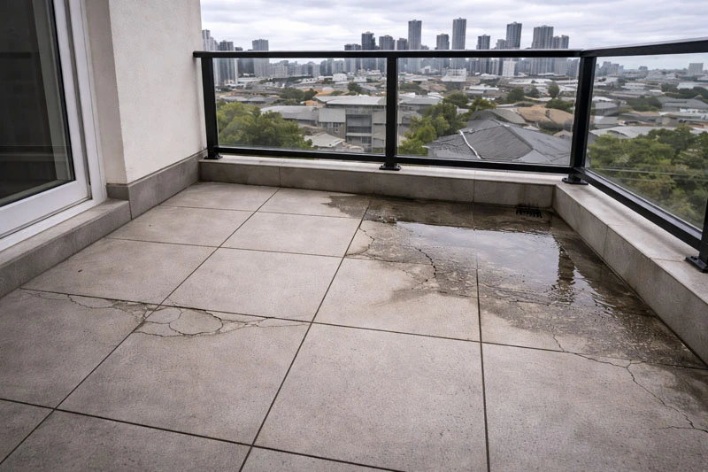 Balcony leak repair cost Melbourne showing damaged tiles and water pooling requiring professional waterproofing
