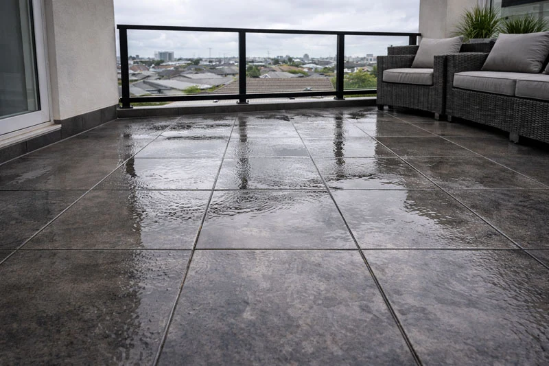 Standing water ponding on balcony surface after rain due to inadequate drainage and fall