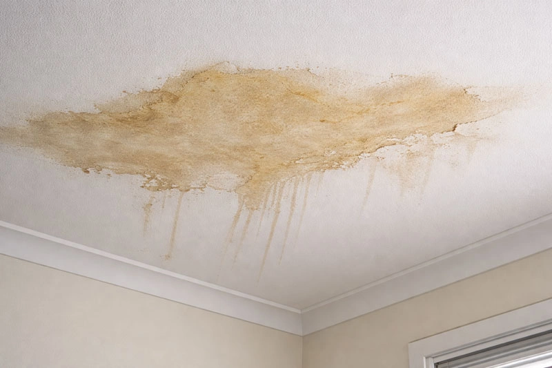 Water stains on ceiling below leaking balcony showing brown discoloration and paint damage