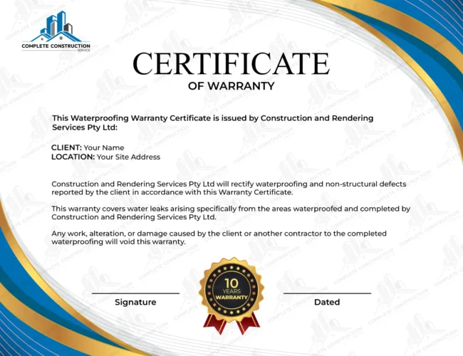 certificate of waterproofing warranty by Complete Construction Service