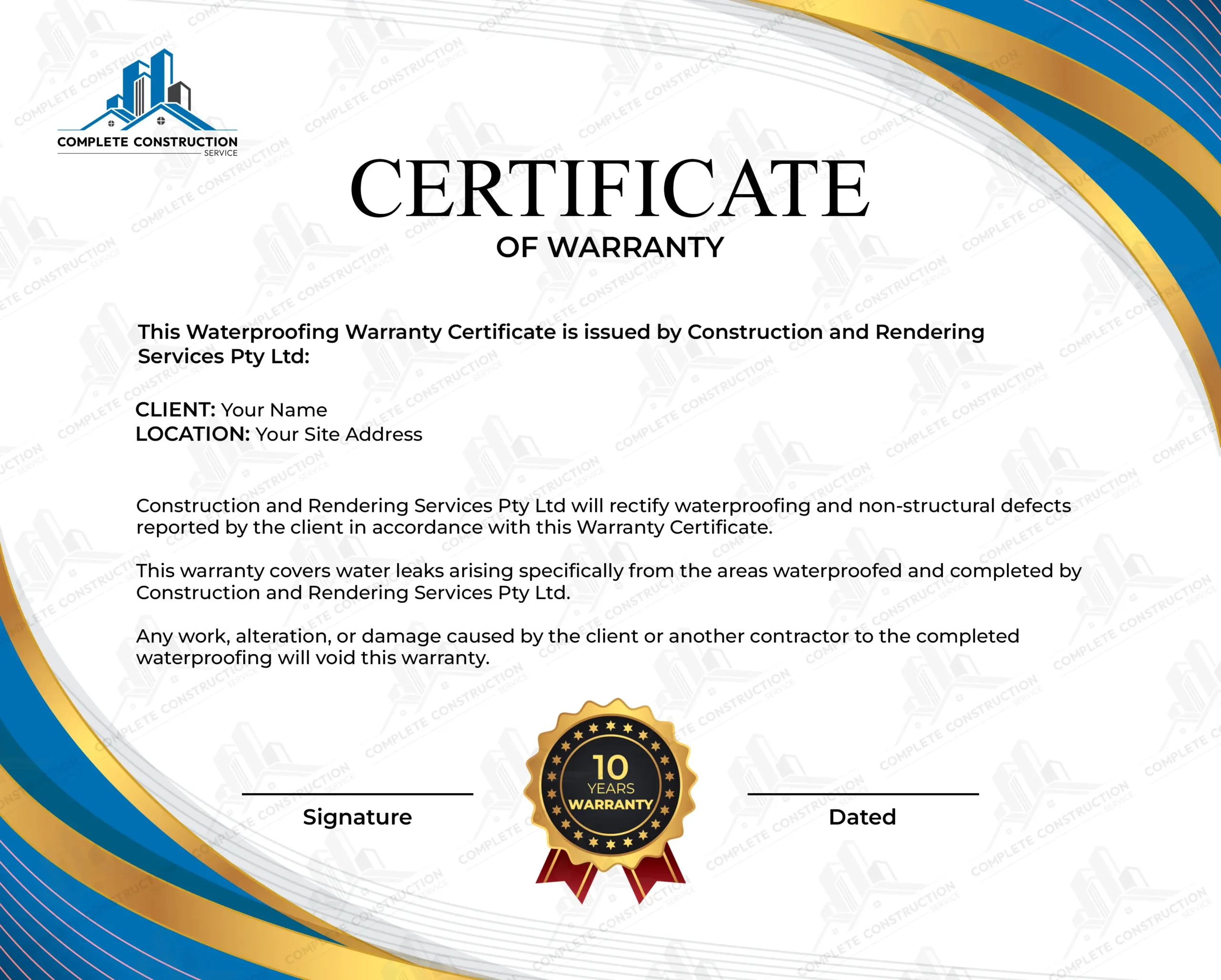 certificate of waterproofing warranty by Complete Construction Service