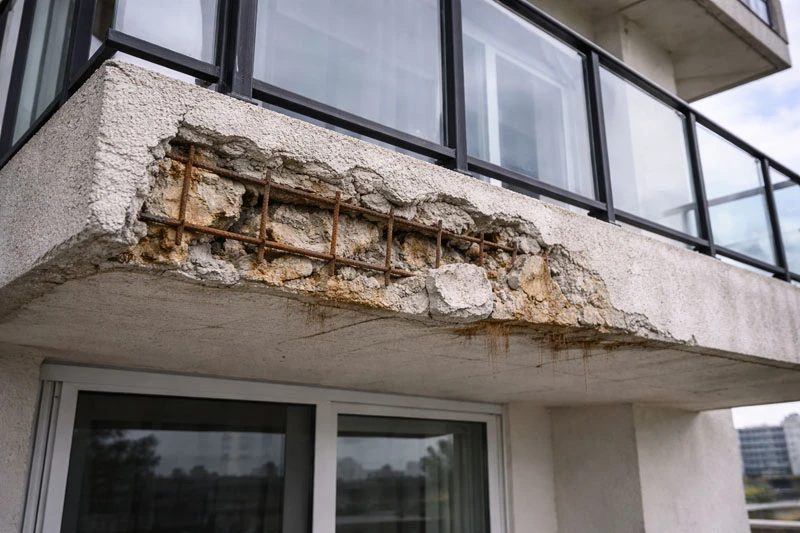 Major balcony leak repair showing concrete cancer requiring $12000-20000 repair