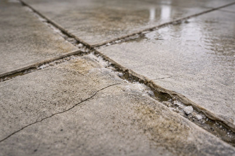 Cracked and deteriorated grout between balcony tiles allowing water penetration beneath surface