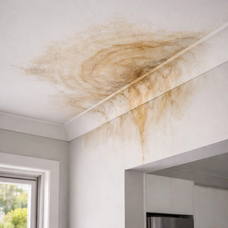 evere ceiling water damage from roof leak requiring repair in Melbourne